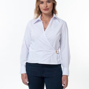 CAMISA HELENA FIVELA DOURADA, BOTÕES TRANSPARENTES C/ FILETE DE OURO, ALGODÃO/ POL/ ELASTANO